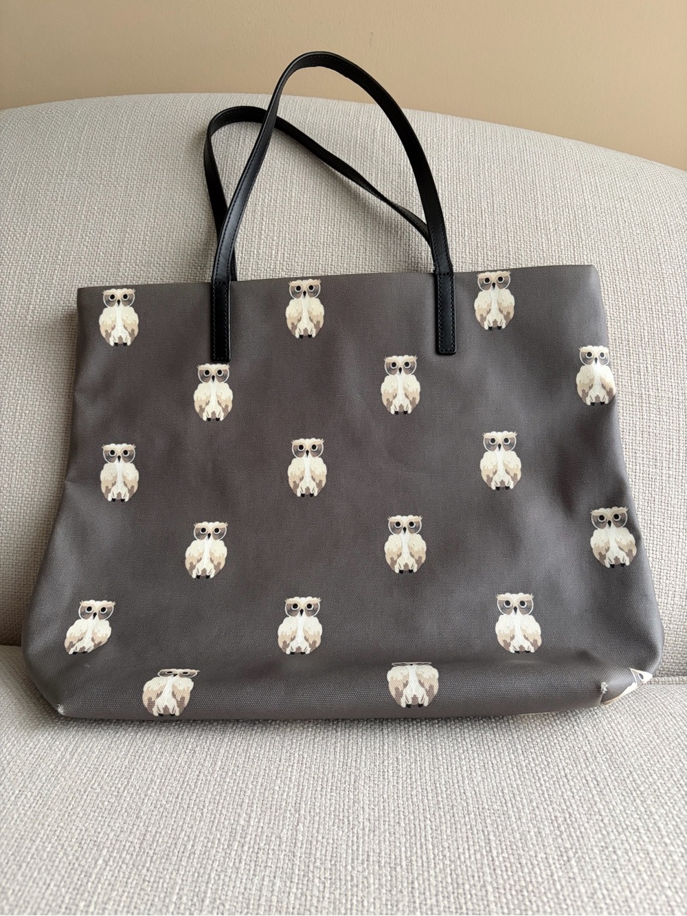 Kate Spade Retired Gray Owl-Pattern Tote Bag with Black Handles